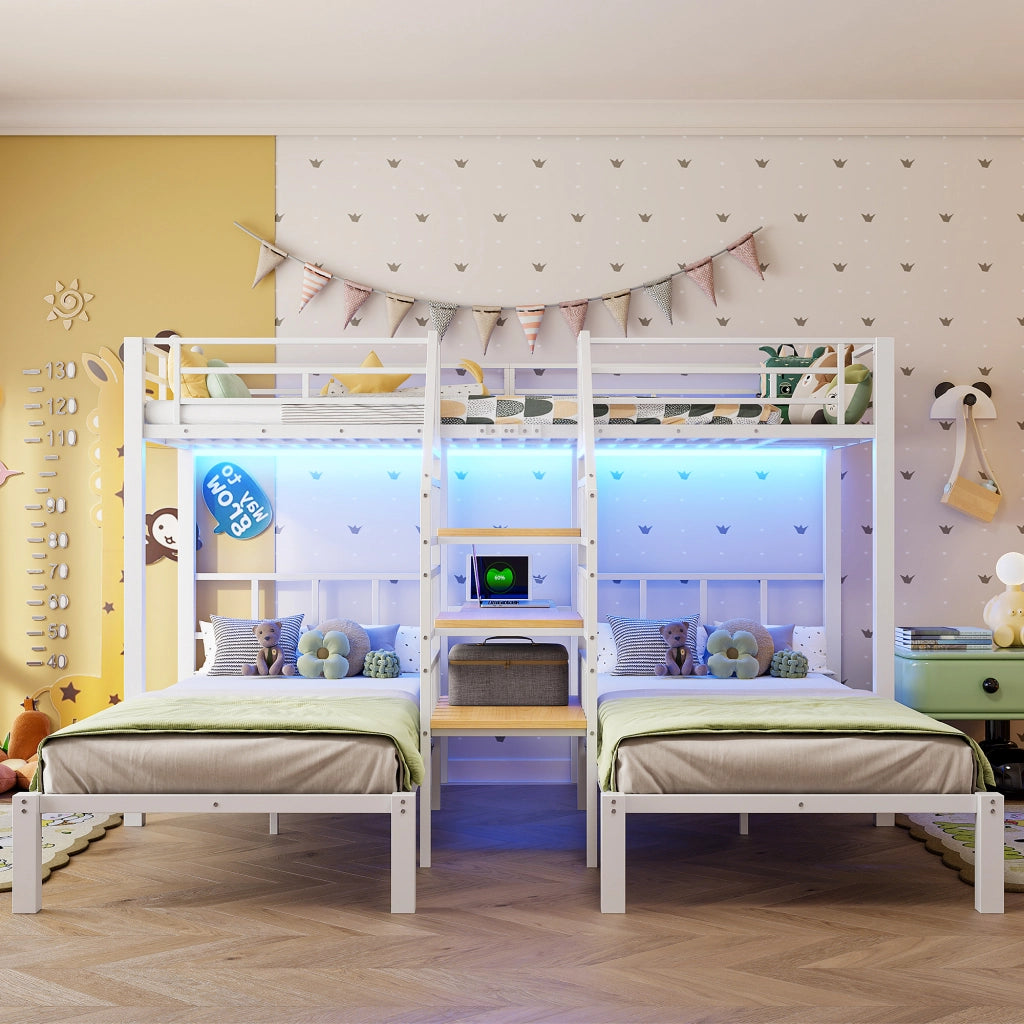 Letto a castello triplo 90 × 200 cm con LED, scala contenitore, scrivania e prese USB