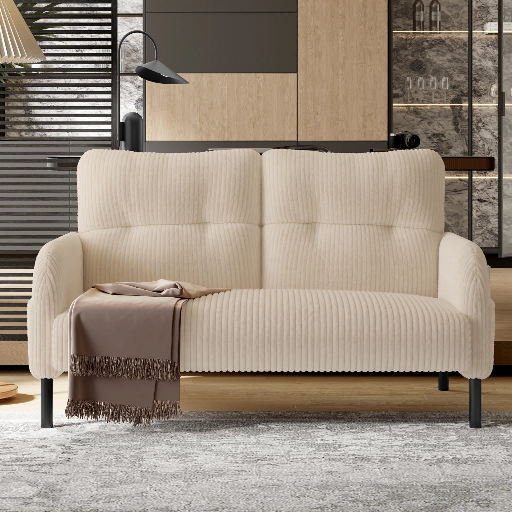 Divano a 2 posti in cord beige con tasca laterale schienale e braccioli gambe in metallo 120 × 75 × 79 cm