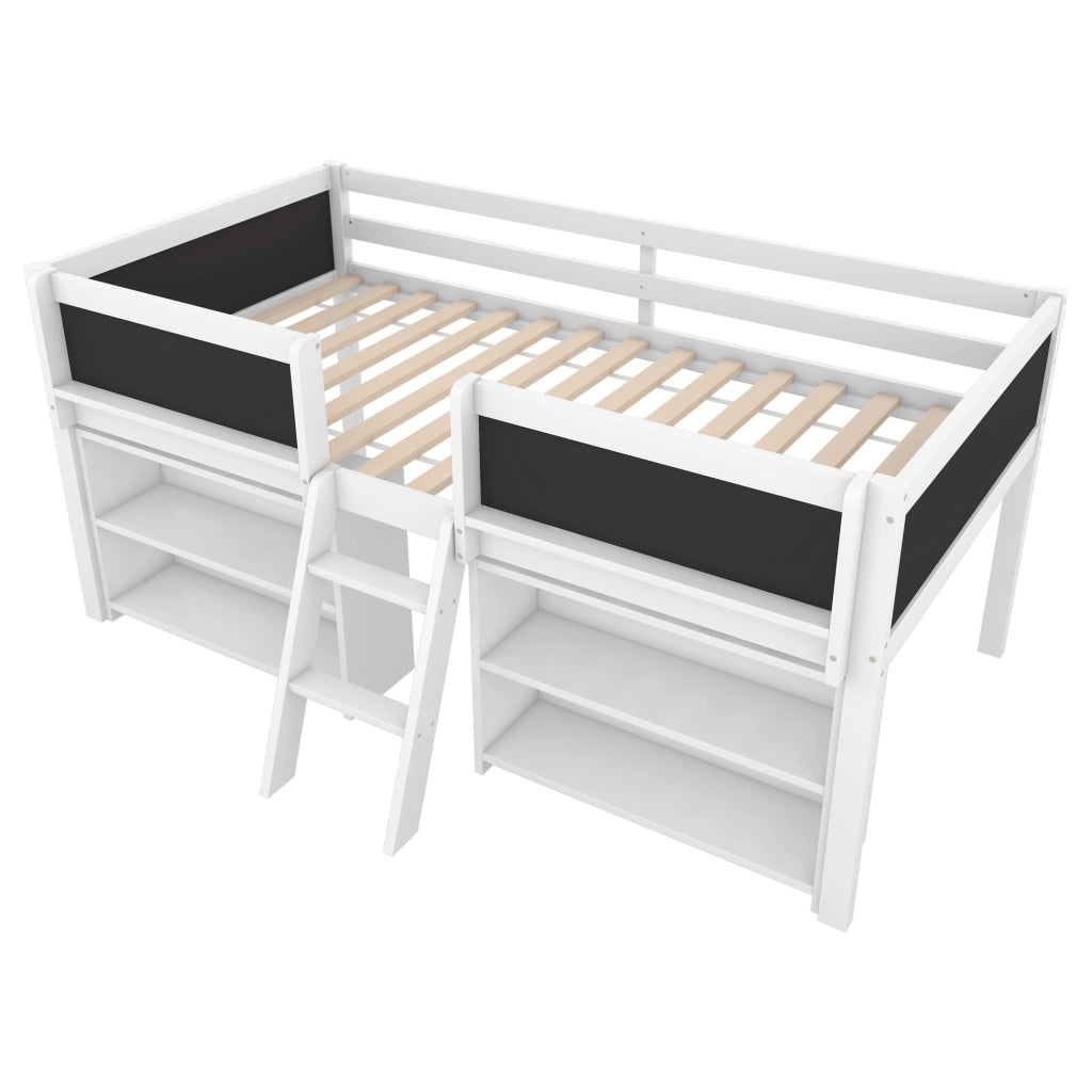Letto per Bambini Semialto 90x200 cm con Ripiani; Scala e Sponde di Sicurezza; Pino e MDF Bianco