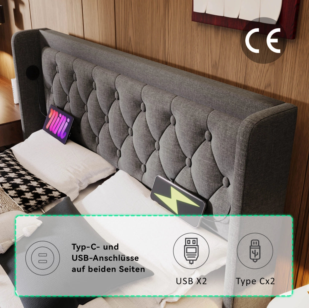 LETTO contenitore 160x200 cm in cotone grigio con LED, USB, Type-C e materasso