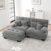 Divano modulare in chenille grigio con pouf mobili; seduta profonda e cuscini di supporto
