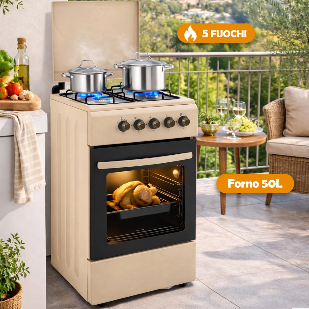 Cucina a Gas Piano Cottura a 4 Fuochi da Esterno Forno Cucinino Beige 86x50cm