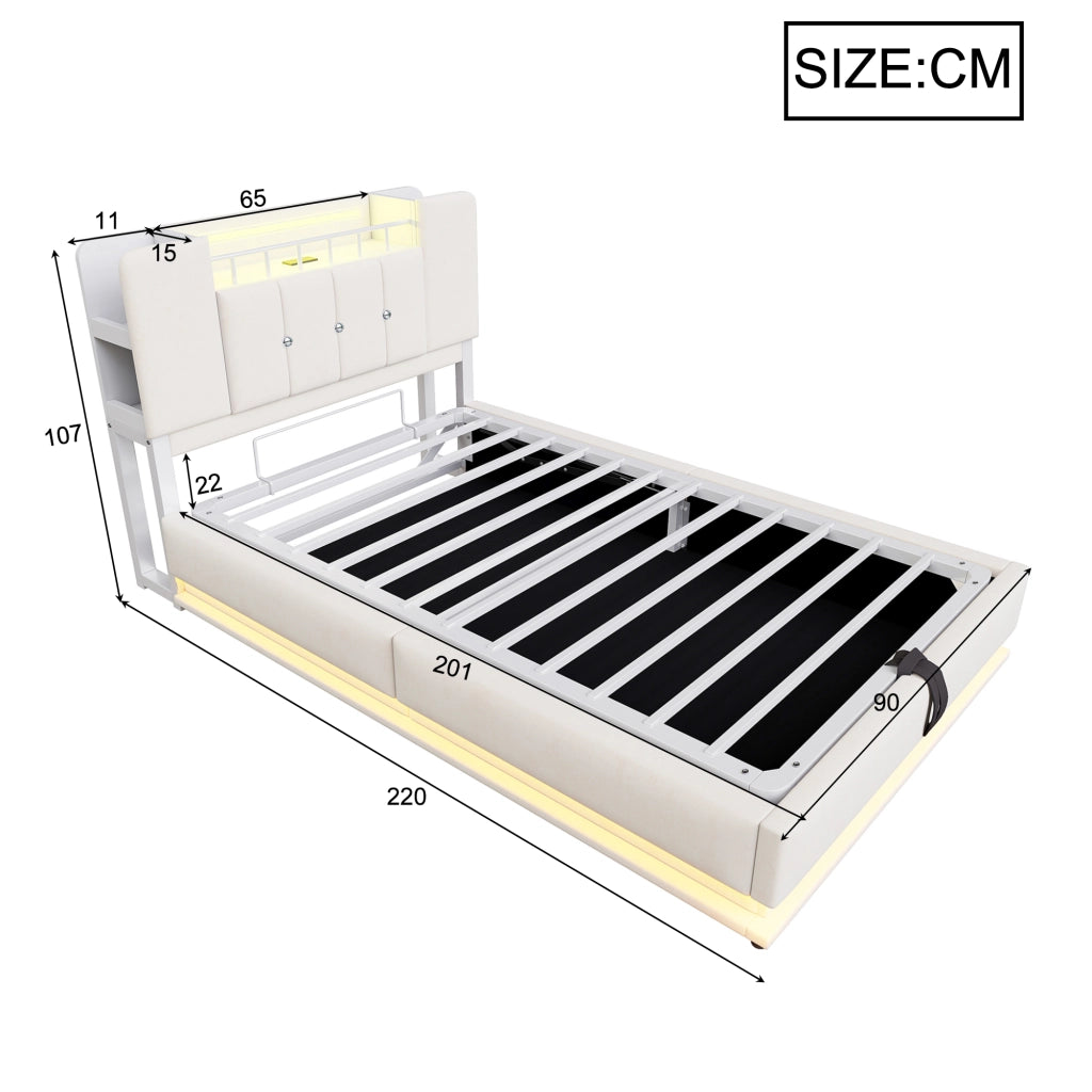 Letto imbottito per bambini 90x200 con LED e contenitore idraulico; velluto beige