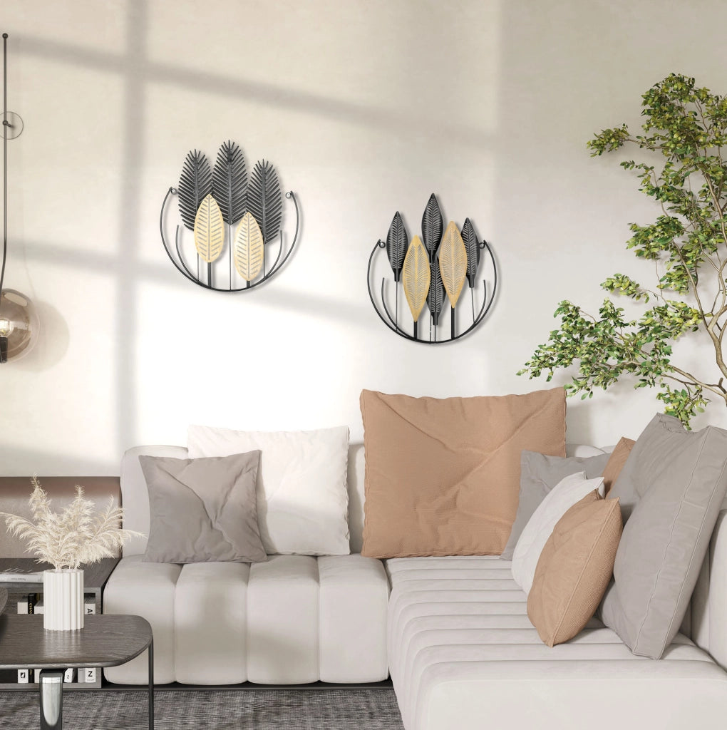 Decorazione murale in metallo 2 pezzi foglie 40x46 cm nero e naturale, con fissaggio