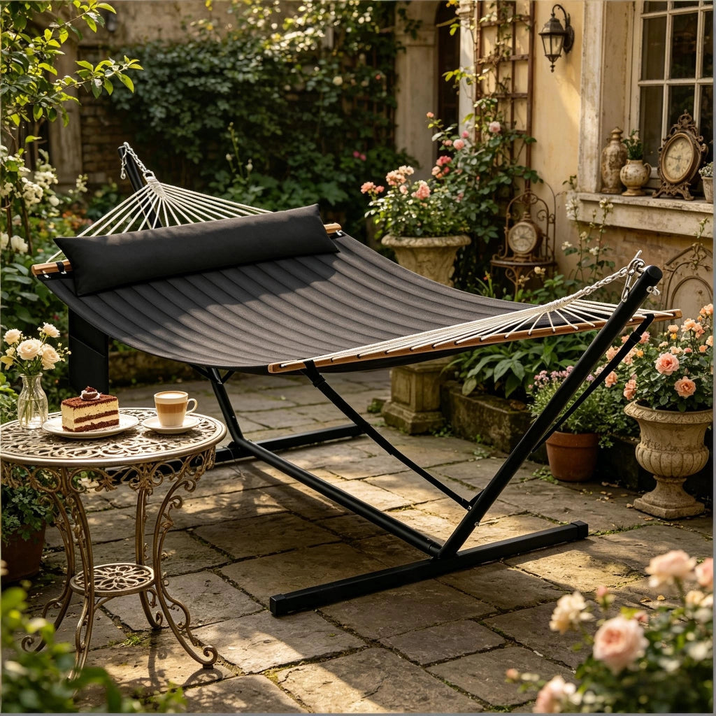 Amaca doppia con telaio 200 × 140 cm con cuscino, regolazione dell’altezza et dell’inclinazione, senza materasso, antracite