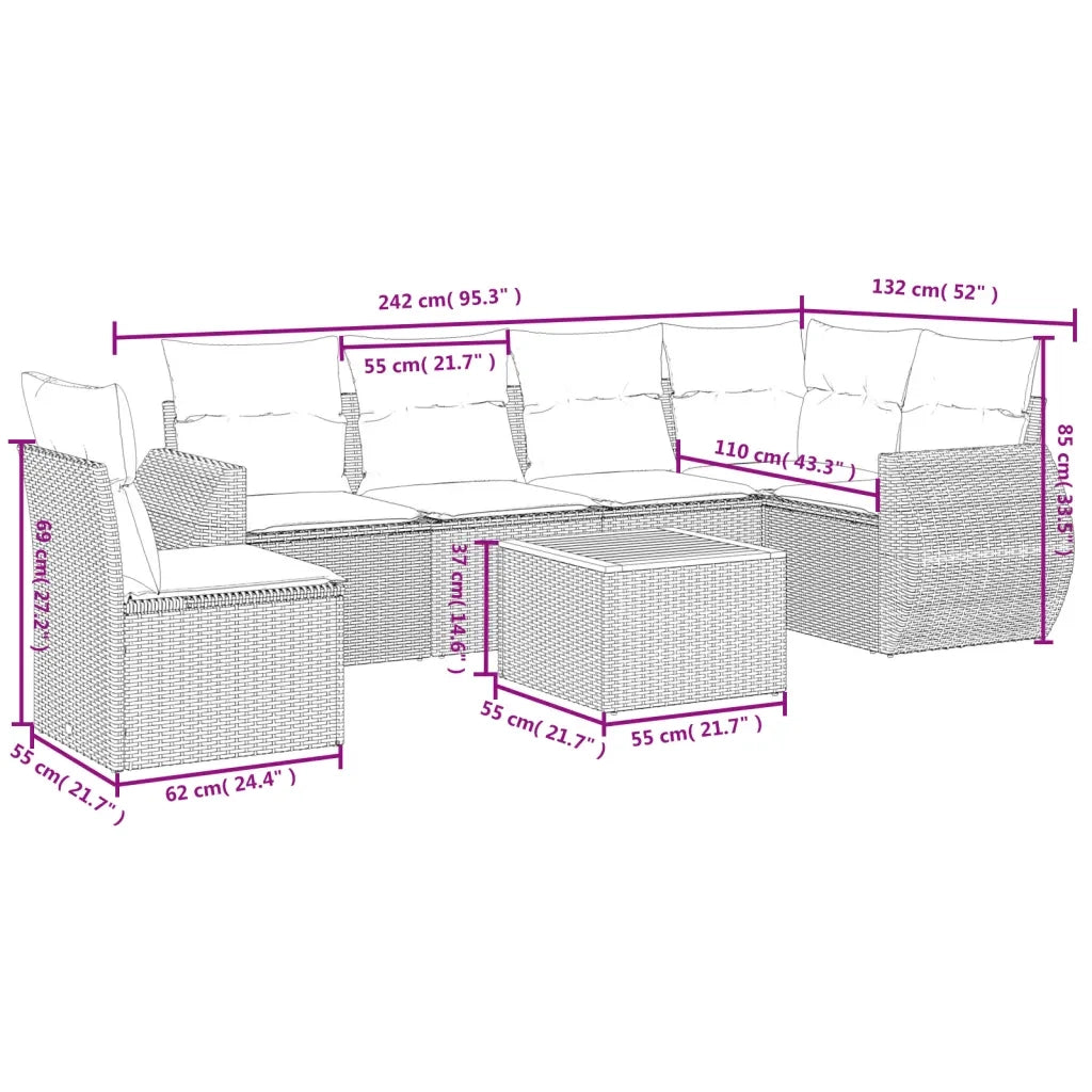 Set Divani da Giardino 7 pz con Cuscini Grigio in Polyrattan 3225031