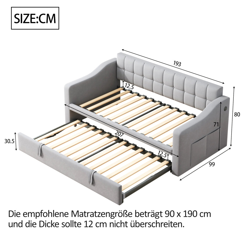 Divano letto imbottito allungabile 90x190 cm, grigio chiaro