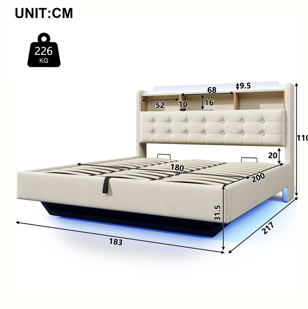 Letto imbottito 180x200 cm in lino beige con LED, contenitore idraulico, USB e Type-C