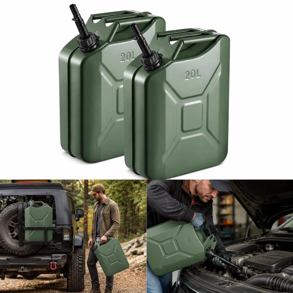 Newly Upgraded Oil-Tight! Metal Fuel Container, 5.3 Gallon, Fuel Jerry Can With Spout And Comfort Handle, 6 L/min Max Flow Rate, Leakproof & Corrosion-resistant Metal Gas Tank Most Cars Motorcycle ATV UTV, Green, 2 Packs