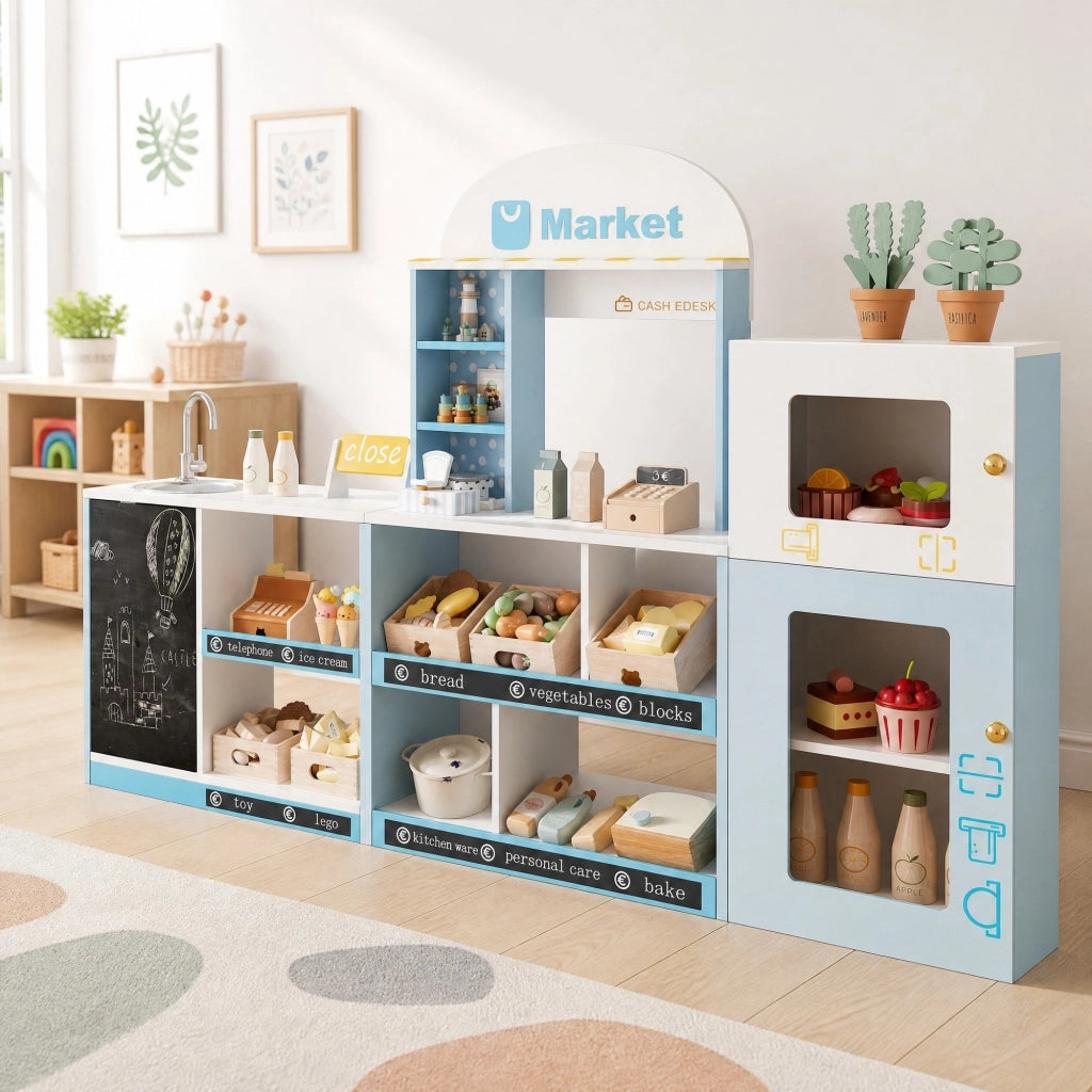 Negozio giocattolo per bambini blu con scaffali, lavagna e frigorifero