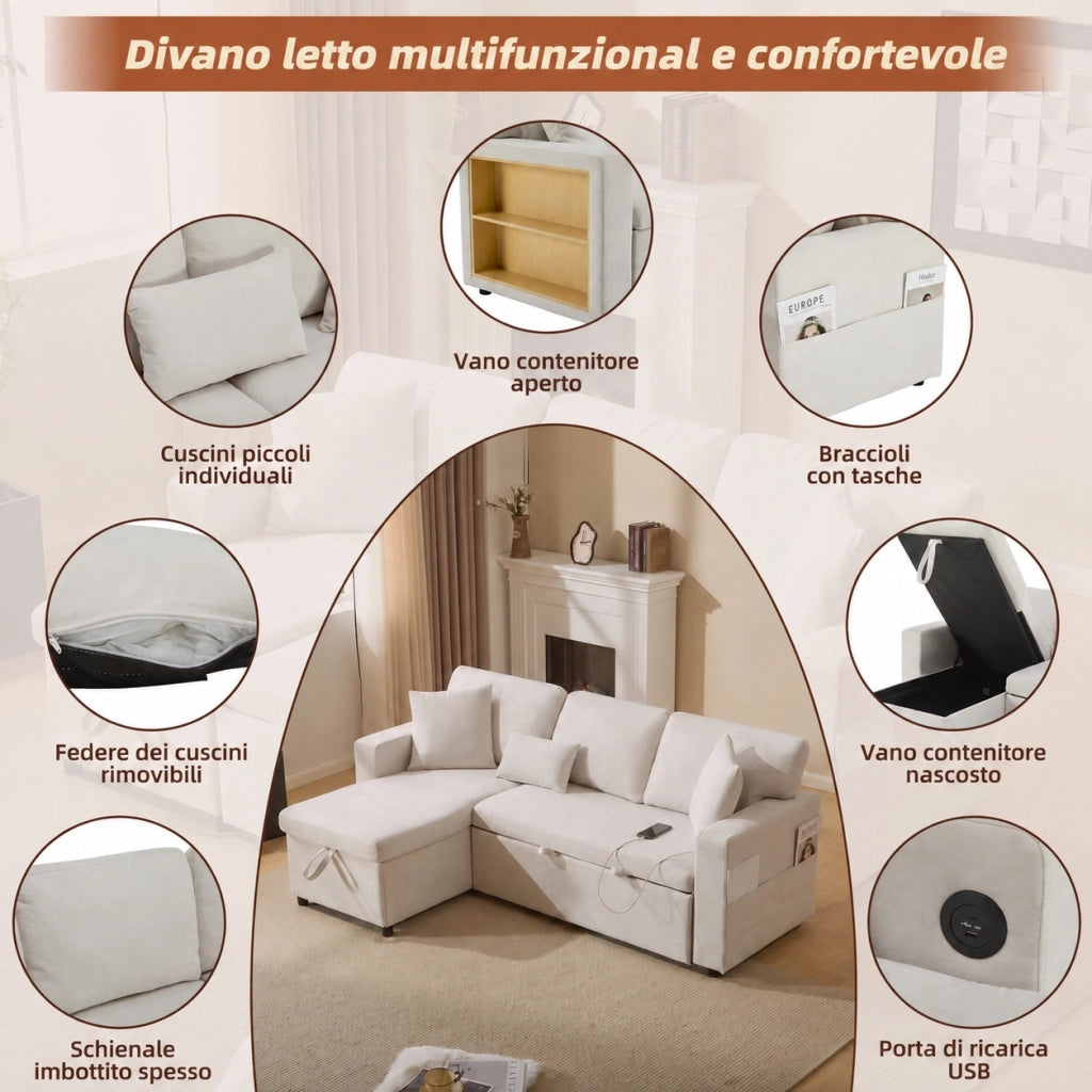 Divano letto estraibile 90 x 200 cm trasformabile in 180 x 200 cm con LED e rete a doghe; velluto e MDF; beige