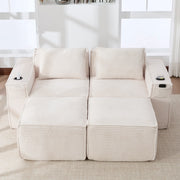 Divano modulare 2 posti corduroy con pouf, porta bicchieri e tasche, beige
