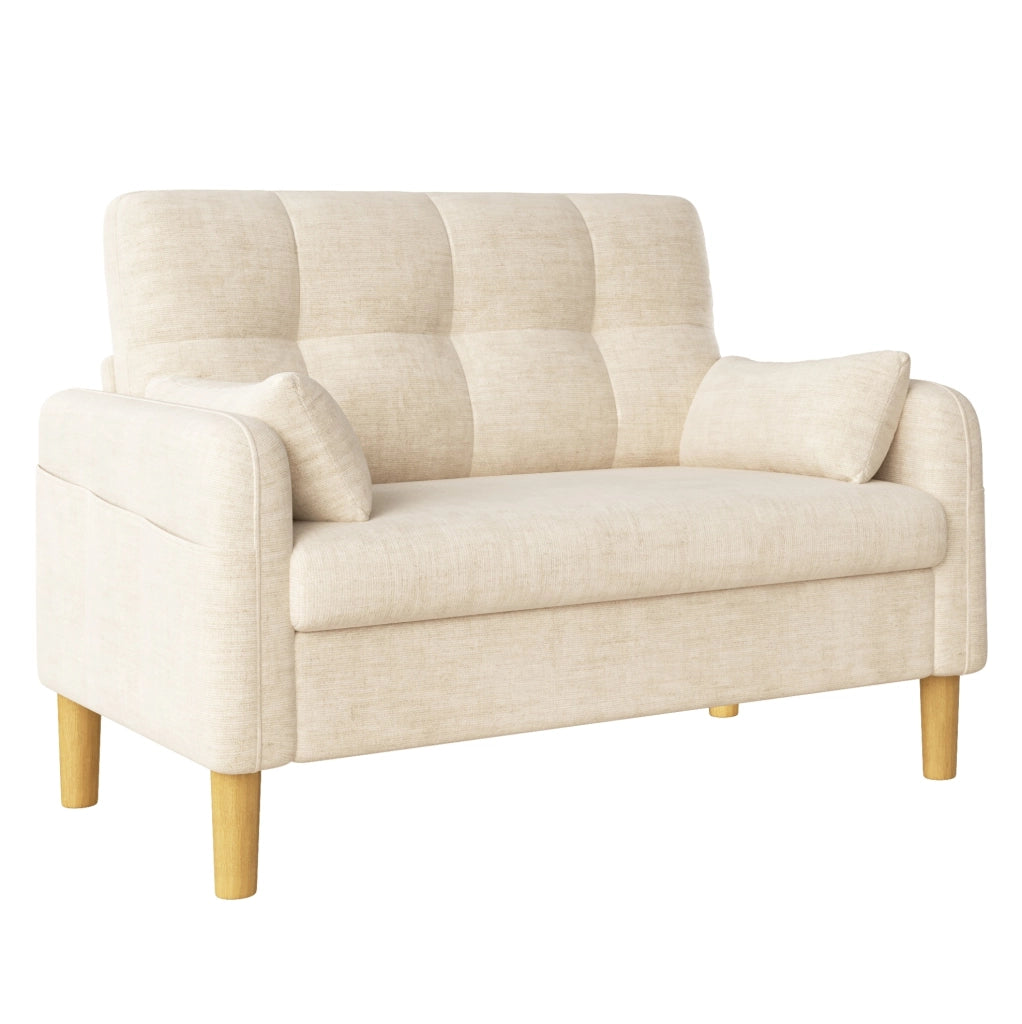 Divano a 2 posti in chenille beige con cuscini e tasca laterale, 119 x 78 x 85 cm