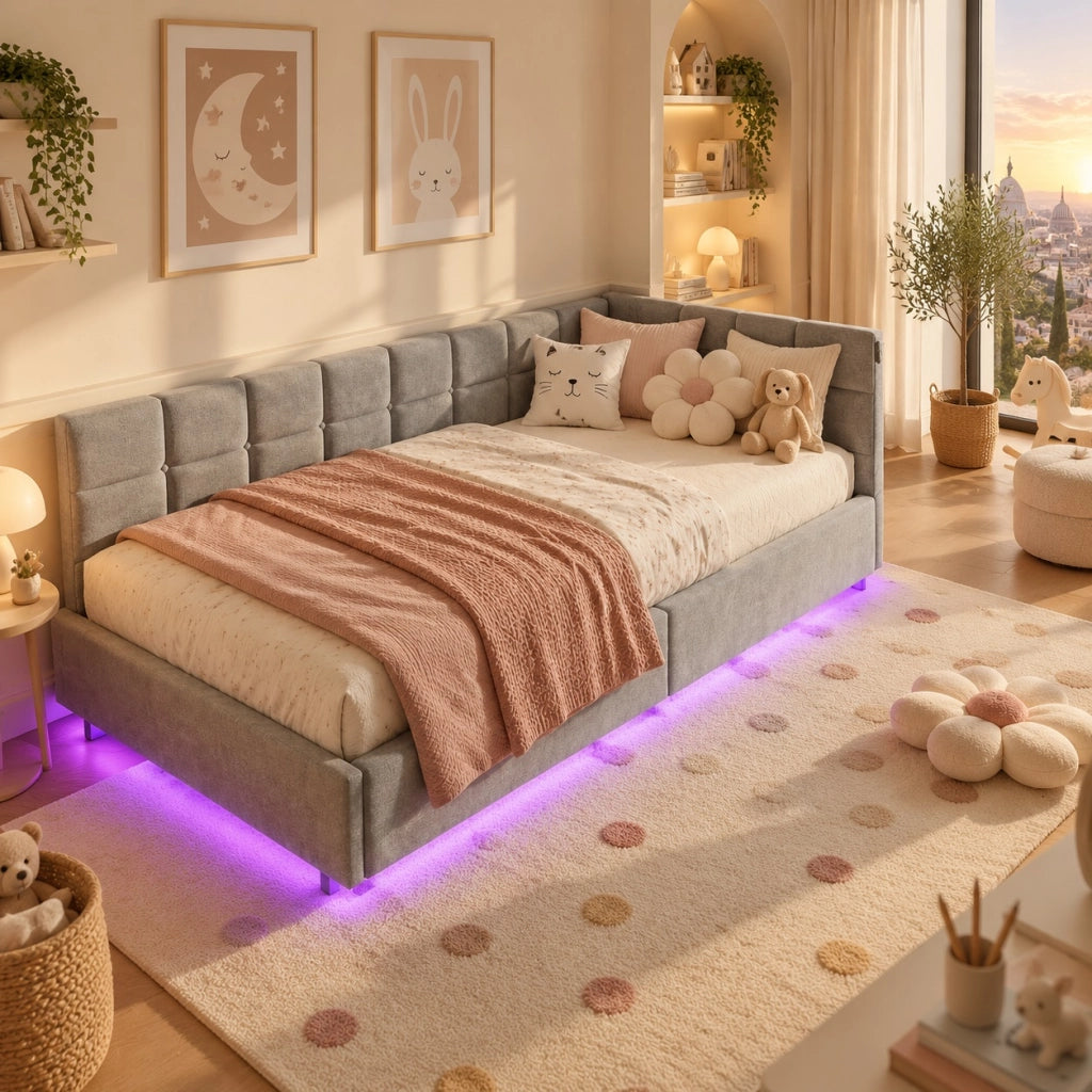 Divano letto singolo 90x200 con luce LED;Letto singolo Angolare con contenitore idraulico;letto imbottito con testiera;letto con rete a doghe;Velluto