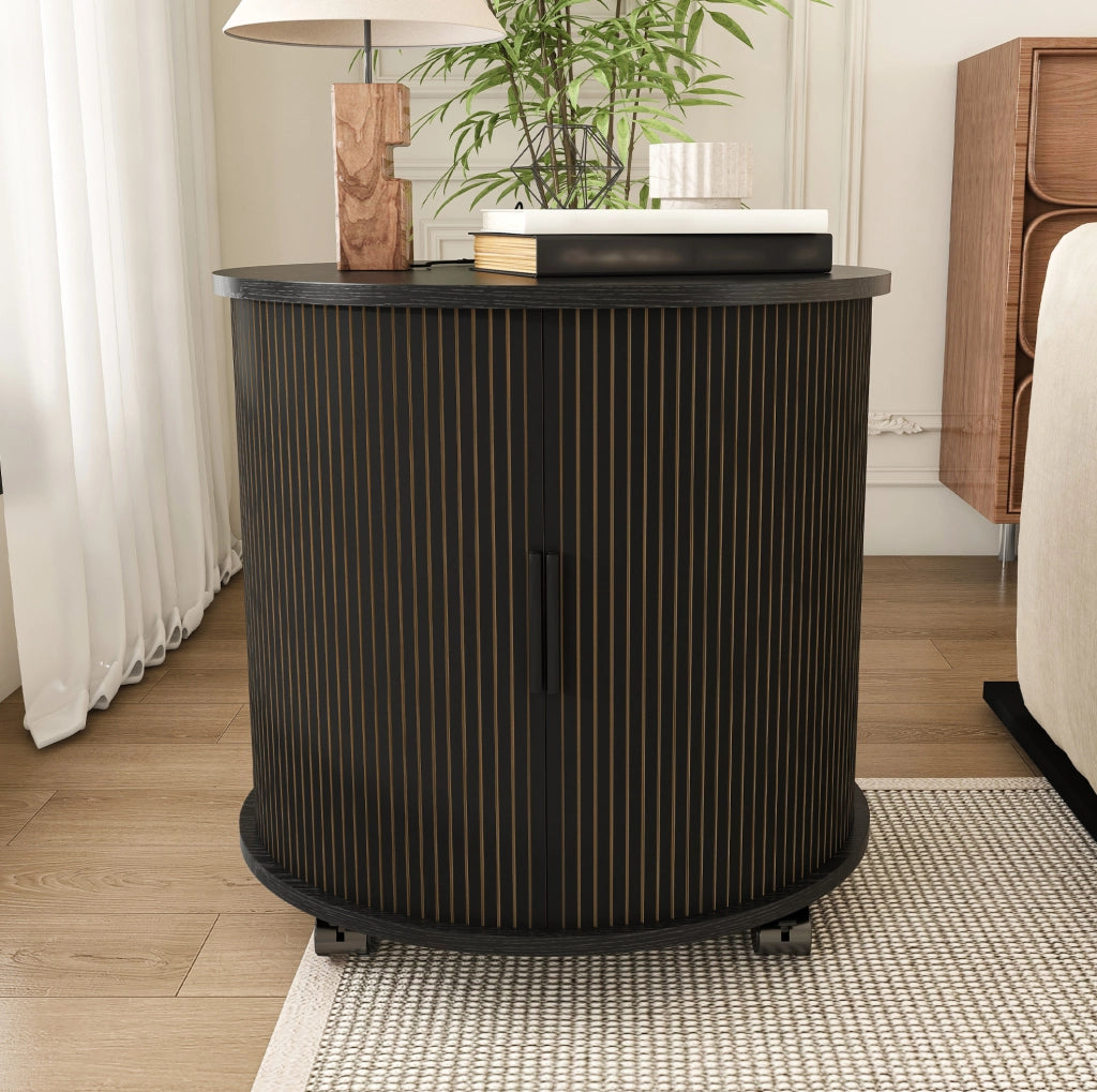 Comodino cilindrico 60x60x60 cm con presa AC e 2 USB in MDF nero