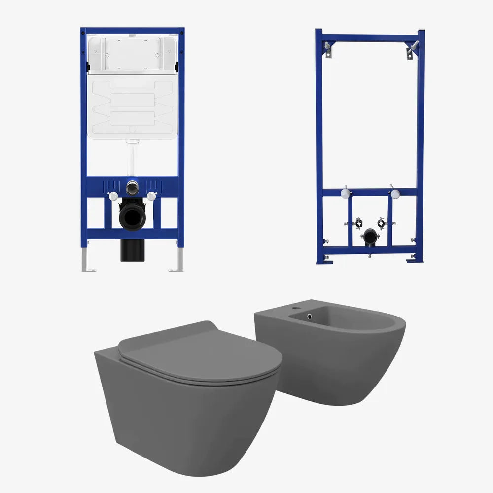 Kit coppia sanitari sospesi WC e bidet con sistema di scarico da incasso e telaio per bidet mod. Sydney grigio opaco