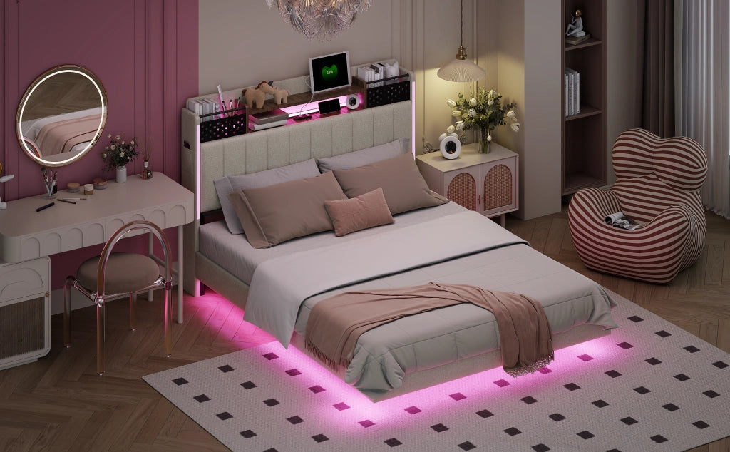 Letto 140 x 200 cm con testiera contenitore, LED e USB, 2 cassetti, lino beige, camera
