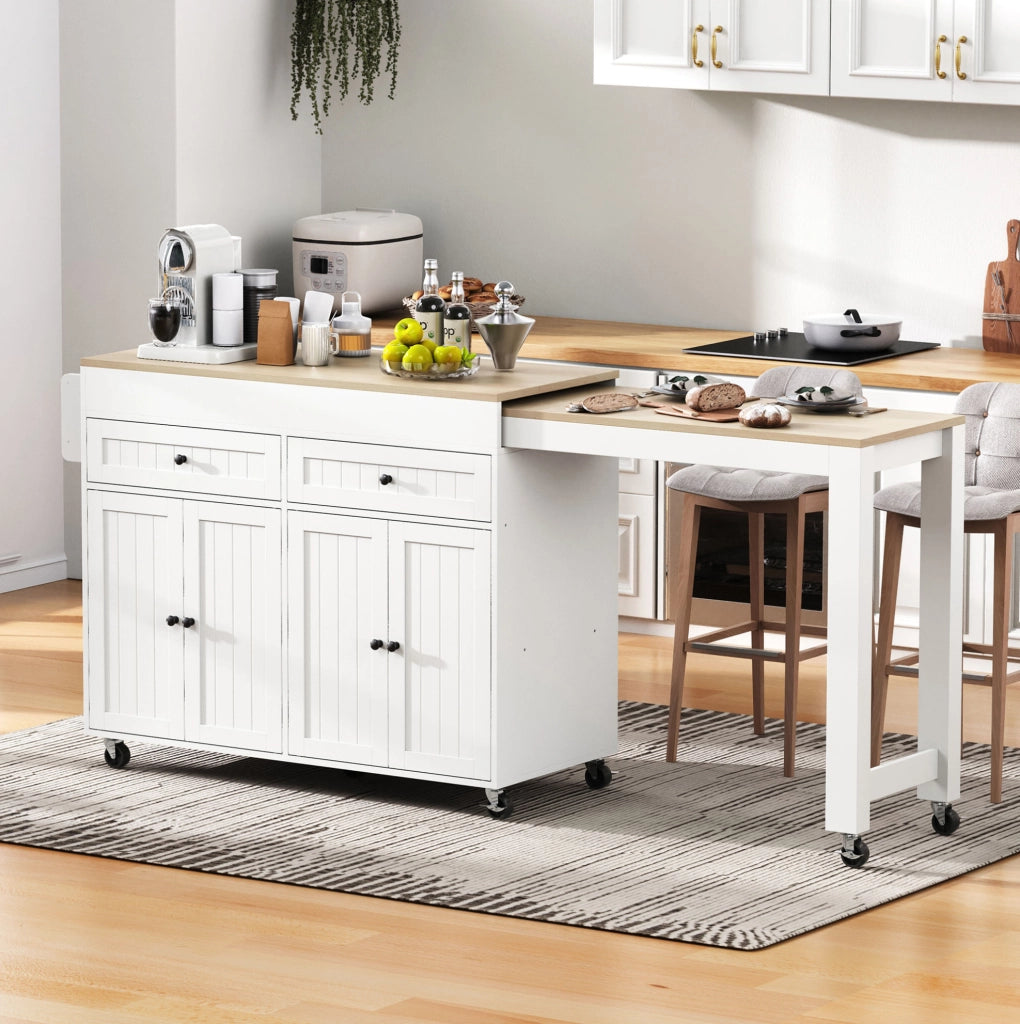 Isola da cucina mobile con piano estraibile 112-180;5 cm in MDF bianco/naturale