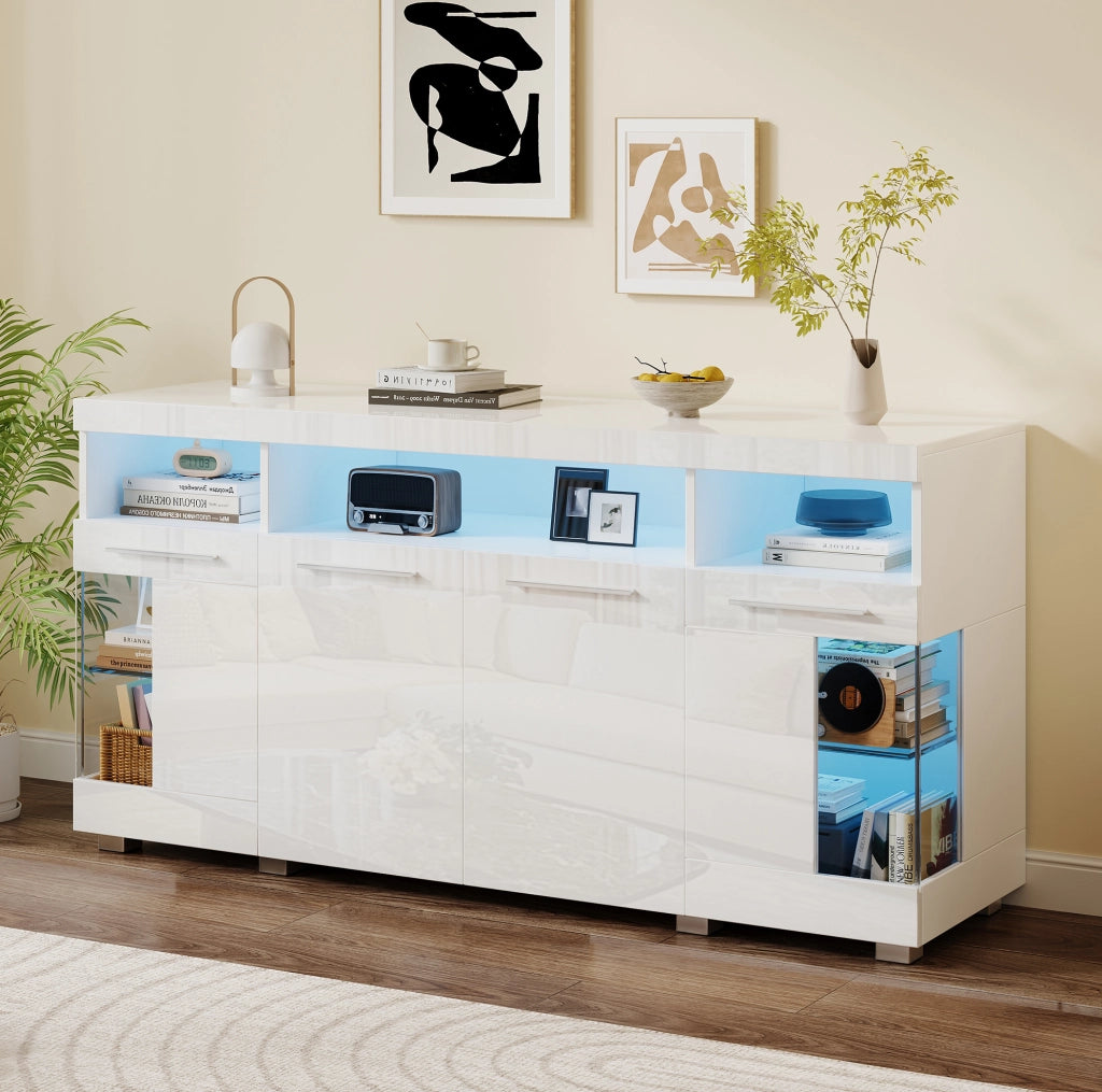 Credenza 140x40x70 cm con LED e 3 cassetti in MDF e vetro temperato bianco