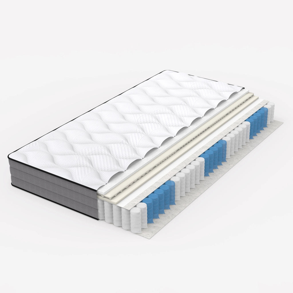 Materasso a molle insacchettate a 7 zone con memory foam; altezza circa 20 cm; bianco e grigio
