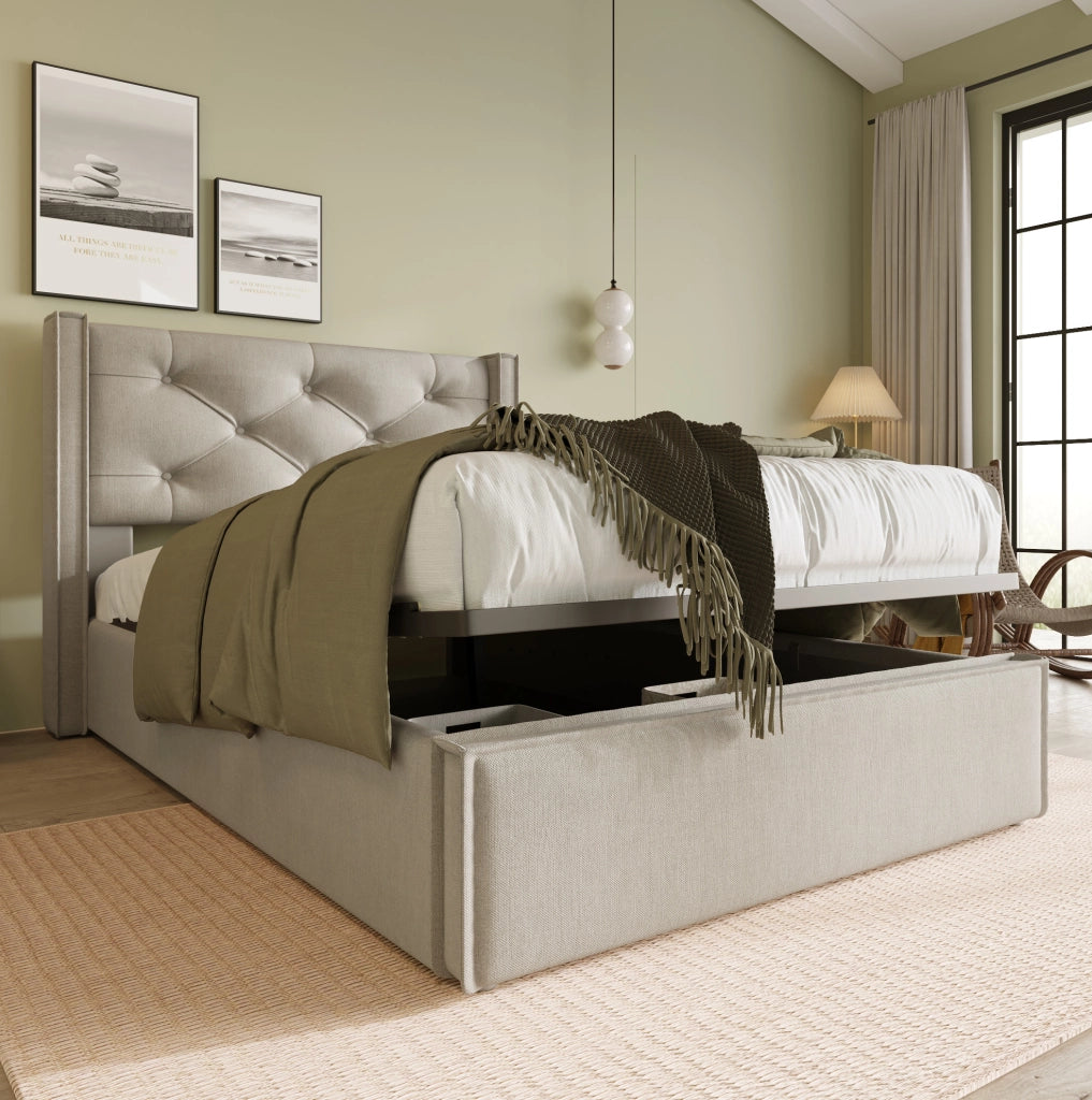 Letto singolo imbottito 90x200 cm con contenitore e rete sollevabile, grigio chiaro