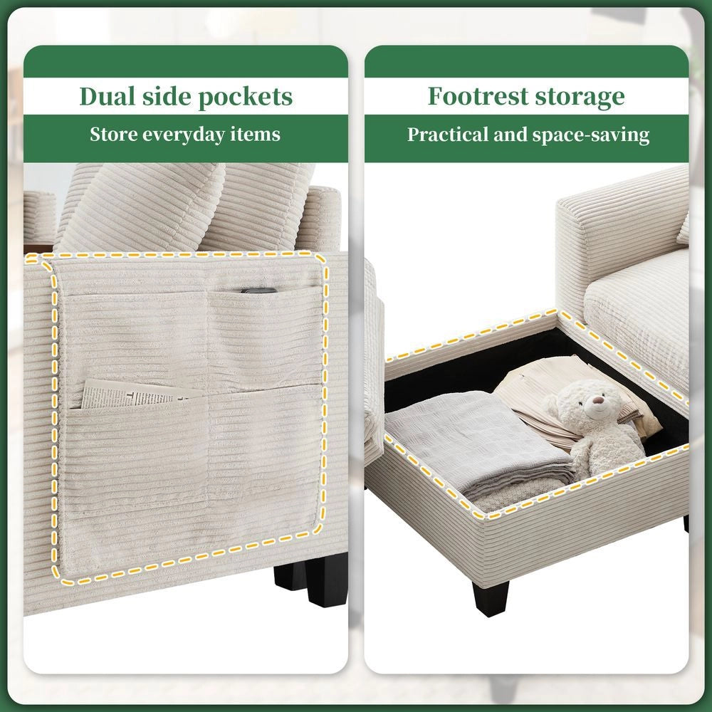Divano angolare a L - Xylo - Velluto, console con USB, ripostiglio, beige