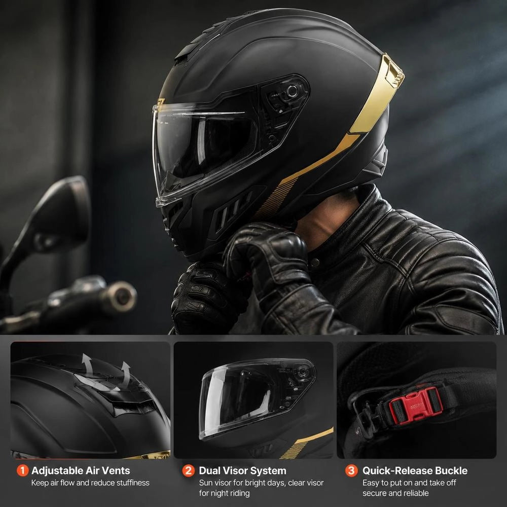 Casco Integrale Con Visiera Parasole, Casco Da Moto Visiera Doppia Taglia M Integrale Omologato ECE 22.06 DOT Con Tasca Per Altoparlante Bluetooth Imbottitura Interna Removibile, Colore Nero