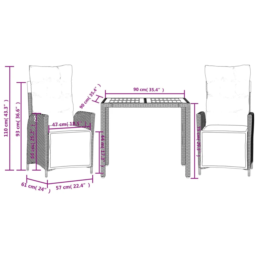 Set da Pranzo da Giardino 3 pz con Cuscini in Polyrattan Grigio 3213344