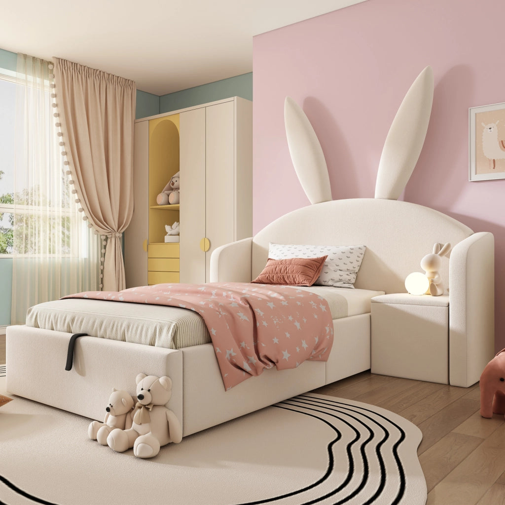 LETTO 90x190 cm per bambini in velluto beige con contenitore e comodino