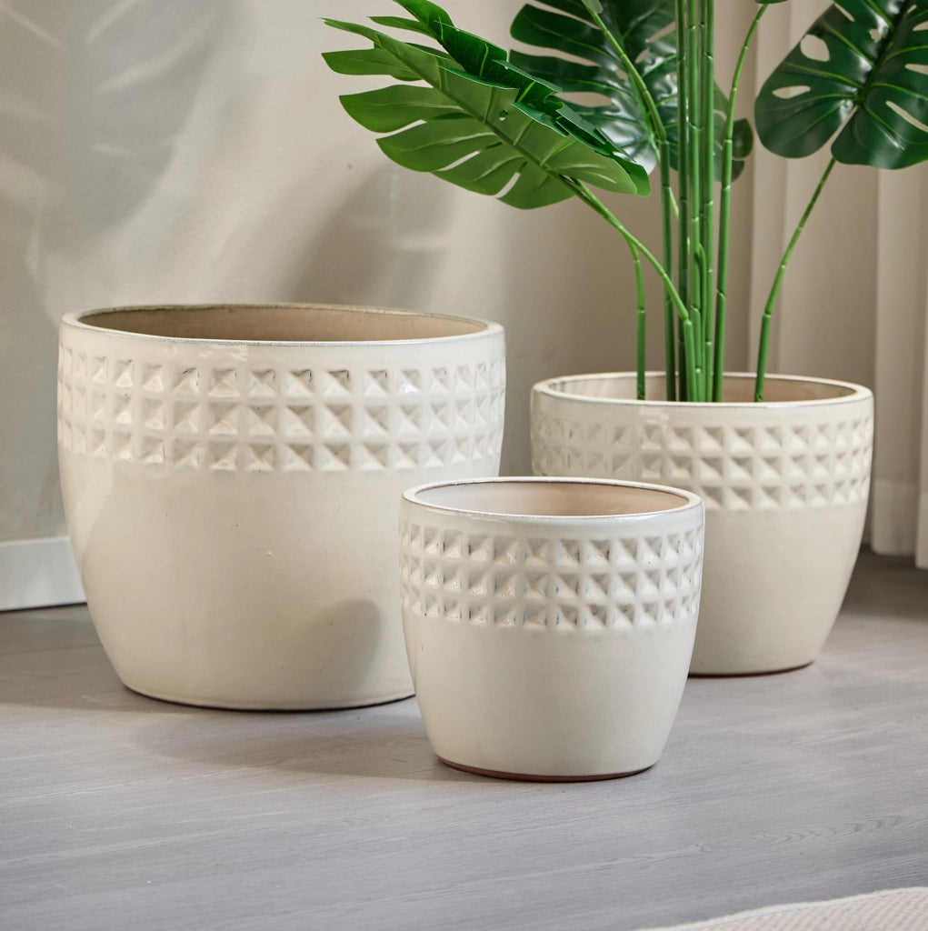 Set 3 vasi da fiori ULEVR in ceramica ?38/30,5/23 cm con fori di drenaggio, bianco crema lucido