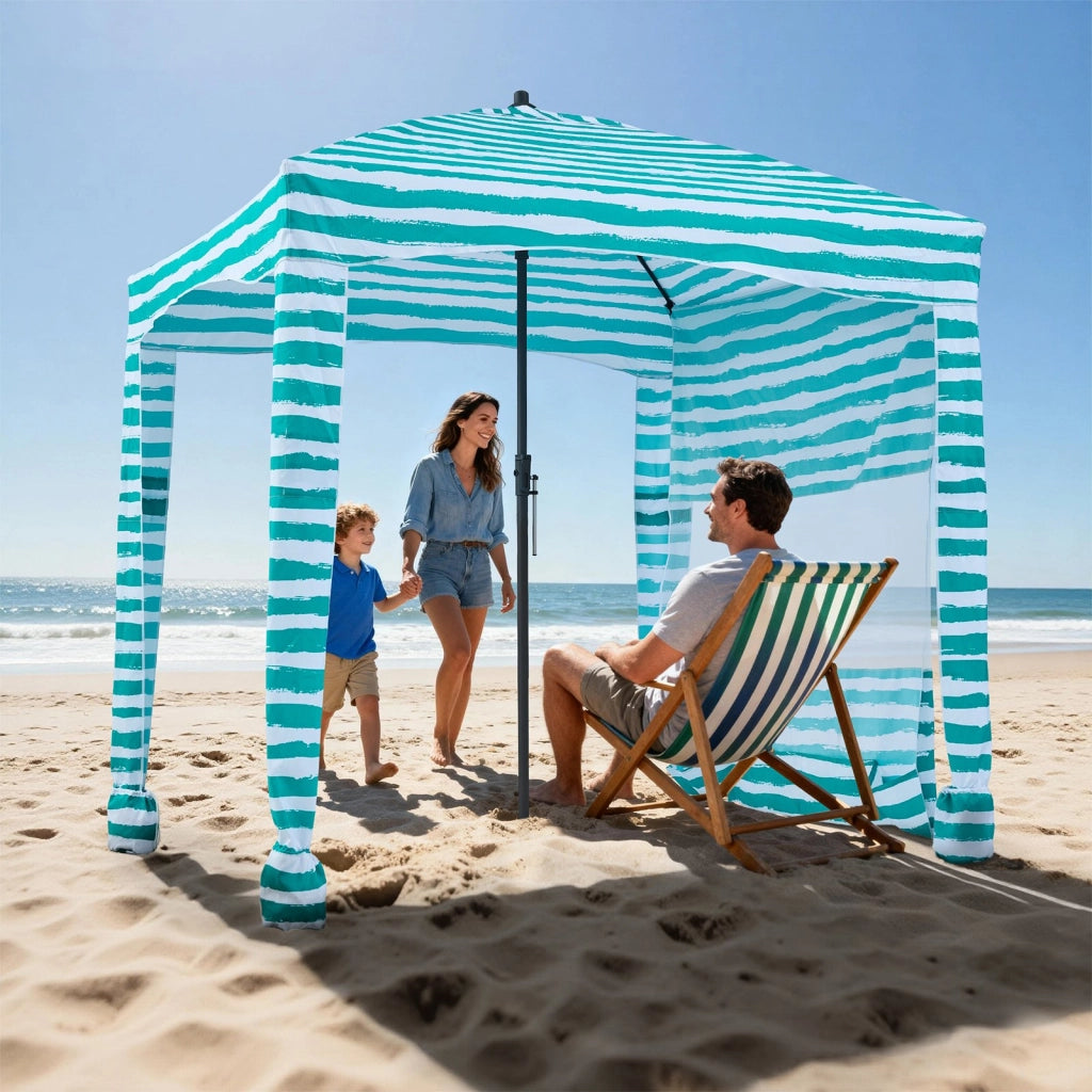 Tenda da Spiaggia Parasole SSCA-01 1830 x 1830 x 2290 mm con Parete Laterale Regolabile e Tasche per Sabbia Portatile Verde a Strisce Bianche