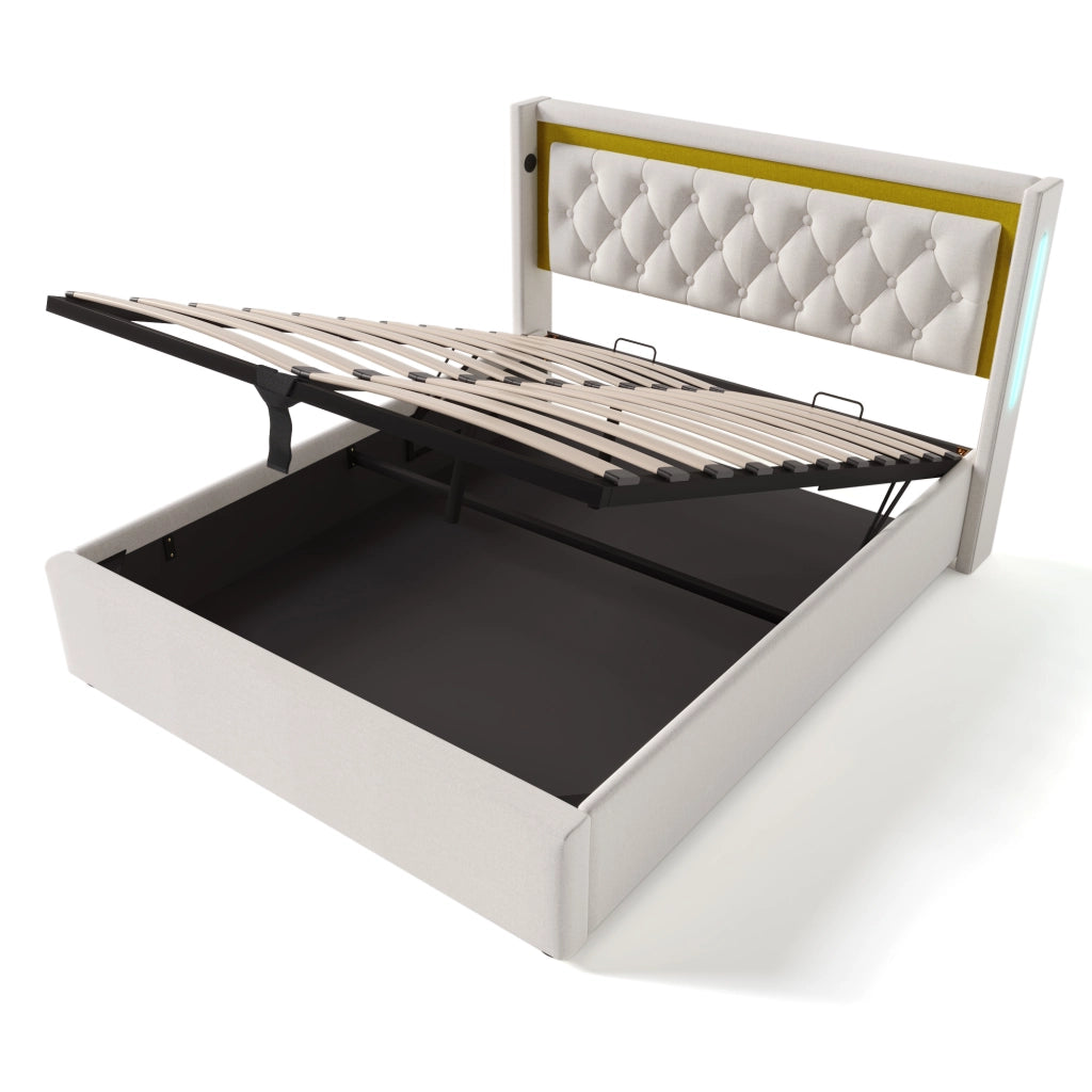 Letto matrimoniale LED 140x200 in cotone beige con USB e Type-C, contenitore e rete a doghe