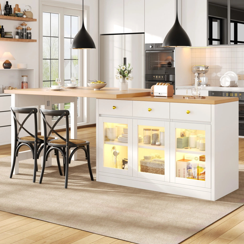 Isola da cucina estensibile ULEVR 120-200x40 cm con 3 cassetti, 3 ante in vetro e LED RGB, bianca