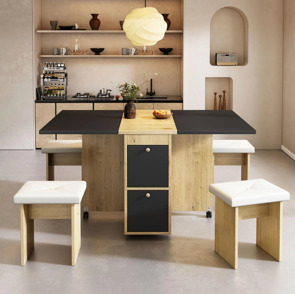 Set tavolo da pranzo pieghevole e rientrante con 4 sedie; bianco e nero