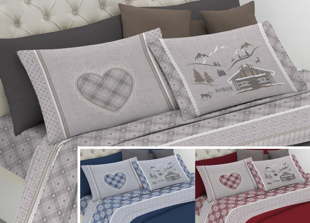 Completo Lenzuola Letto Pensieri Delicati 100% Cotone Dis.Chalet - Piazza E Mezza - Rosso