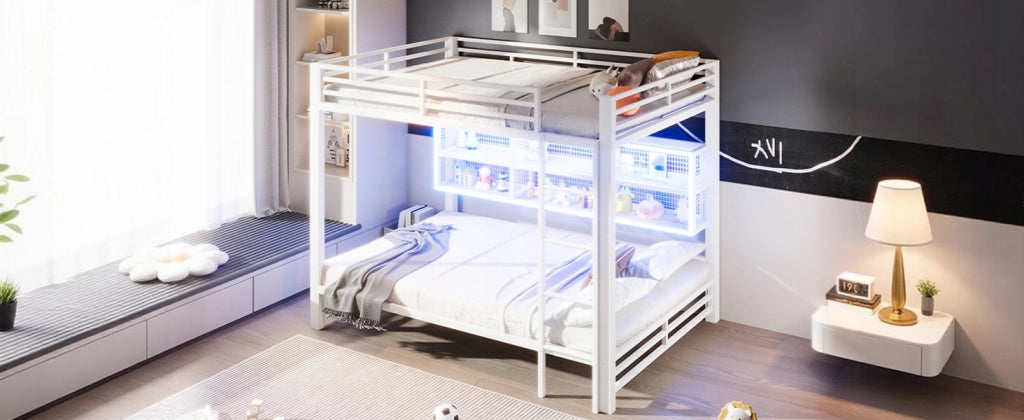 Letto a castello 140x200 con armadietti e LED - Xylo - Bianco