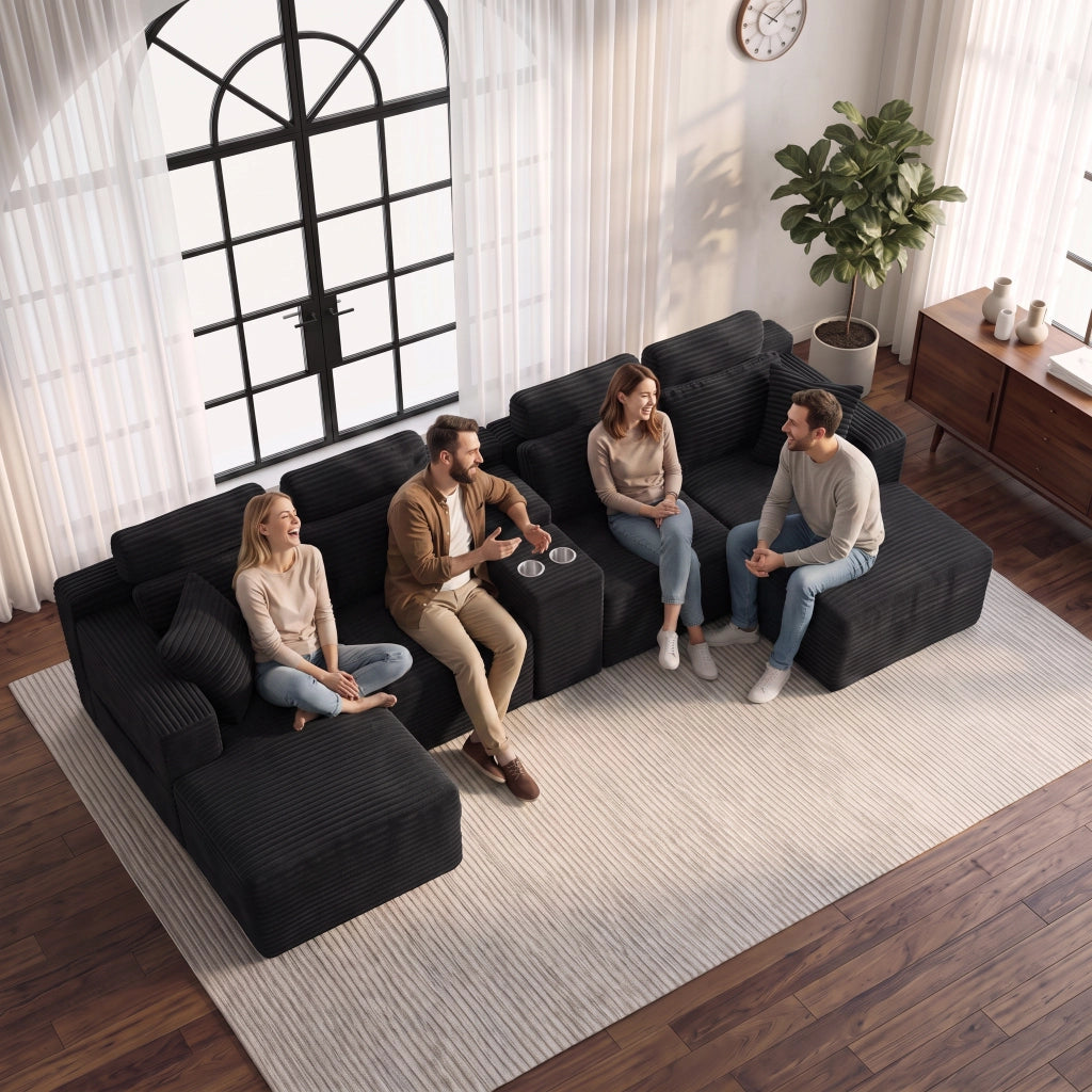 Divano Angolare Modulare a U 372 cm Cloud Sofa con Portabicchieri Integrati; Nero