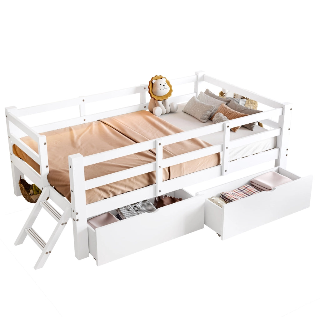 Letto a piattaforma 90x200 cm con sponde; 2 cassetti; MDF e compensato; bianco