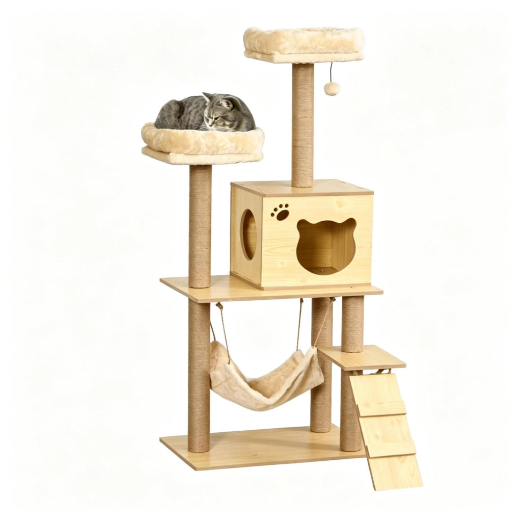 Tiragraffi per Gatti Multilivello con Amaca e Cuccia 60 x 40 x 130 cm Beige e Marrone per Interni