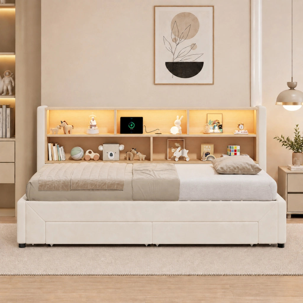 Letto per bambini estraibile 90x200 cm con LED; USB e Type-C; 2 cassetti; velluto beige