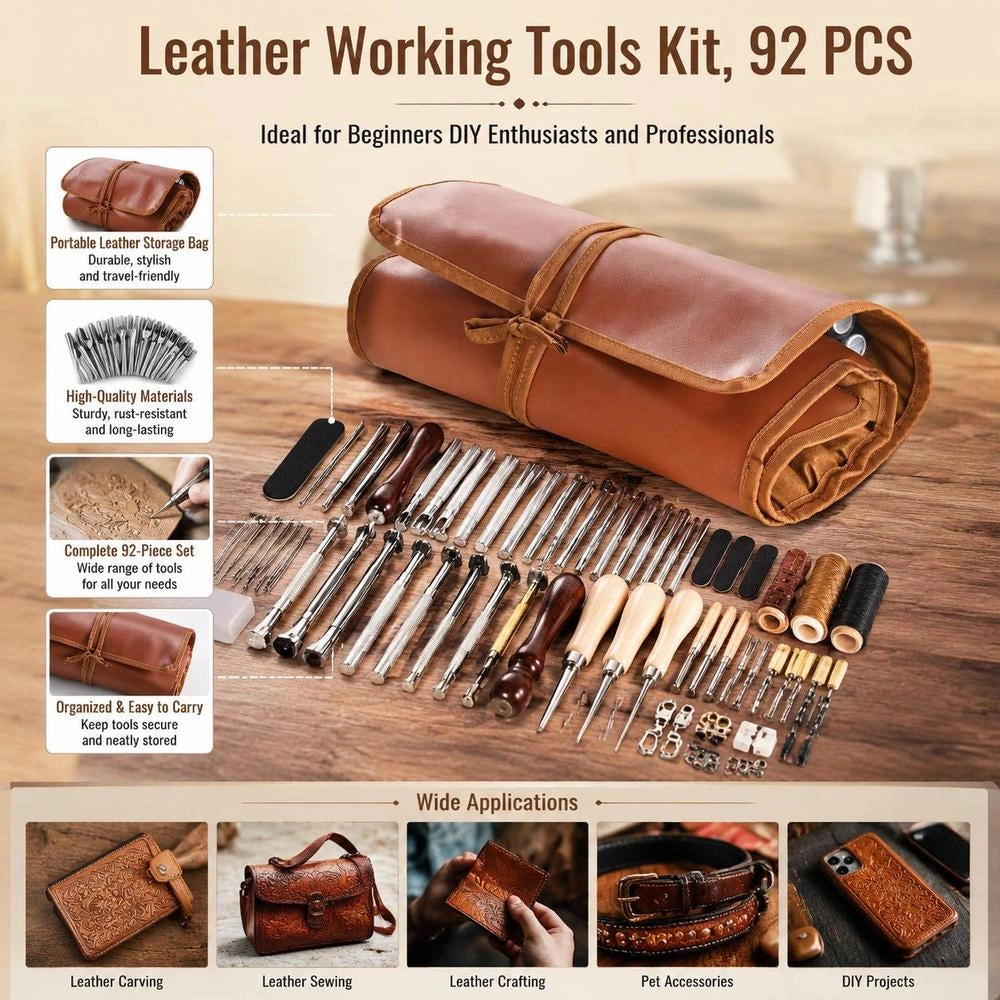 92-piece Leather Craft Tool Set With Portable Canvas Storage Bag. Includes Graphic Tools, Punching Tools, Sewing Tools, And Cutting Tools; Ideal For Beginners, DIY Enthusiasts, And Professionals.