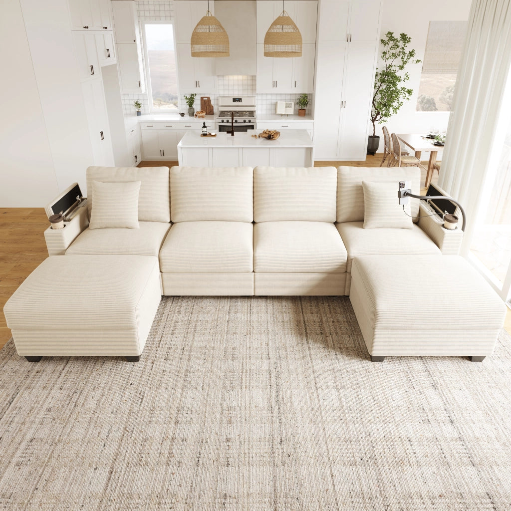 Divano panoramico convertibile 275;5 x 139 x 87 cm; a forma di U; modulare; porta telefono; porta USB; velluto a coste; beige
