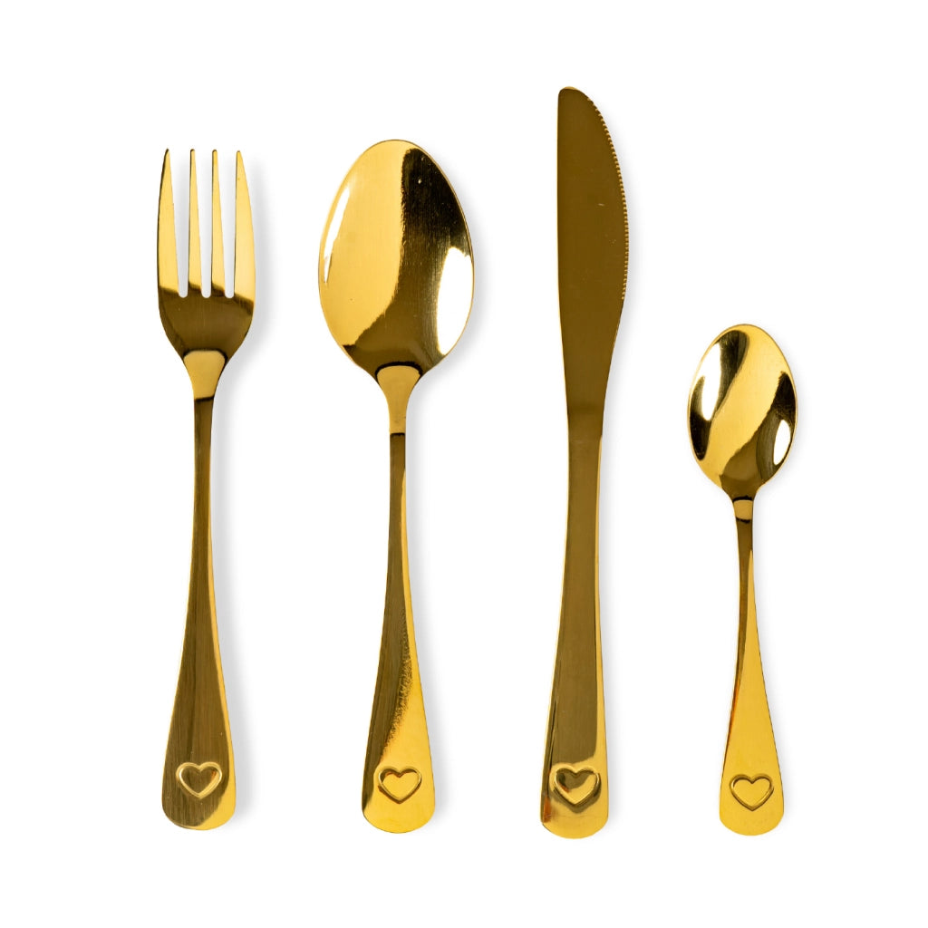 Set 24 Posate in Acciaio Inox 18/10 con Cuoricino  Servizio per 6 Persone, Lavabili in Lavastoviglie,Colore Argento o Oro Oro