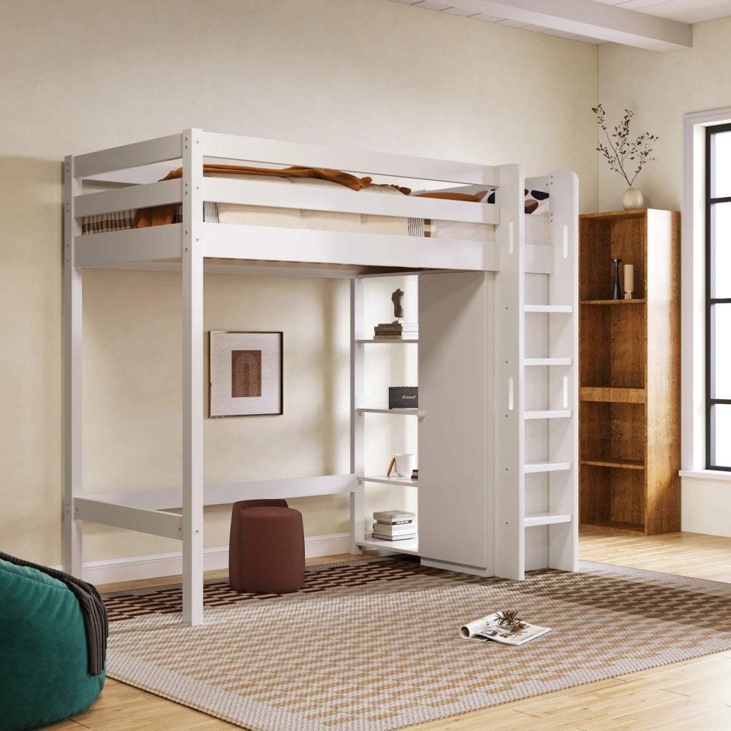 Letto a soppalco per bambini 90x200 cm; bianco con armadio e 6 scaffali
