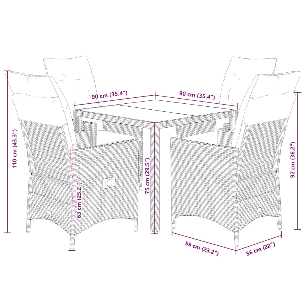 Set da Pranzo da Giardino 5 pz Nero con Cuscini in Polyrattan 3276692