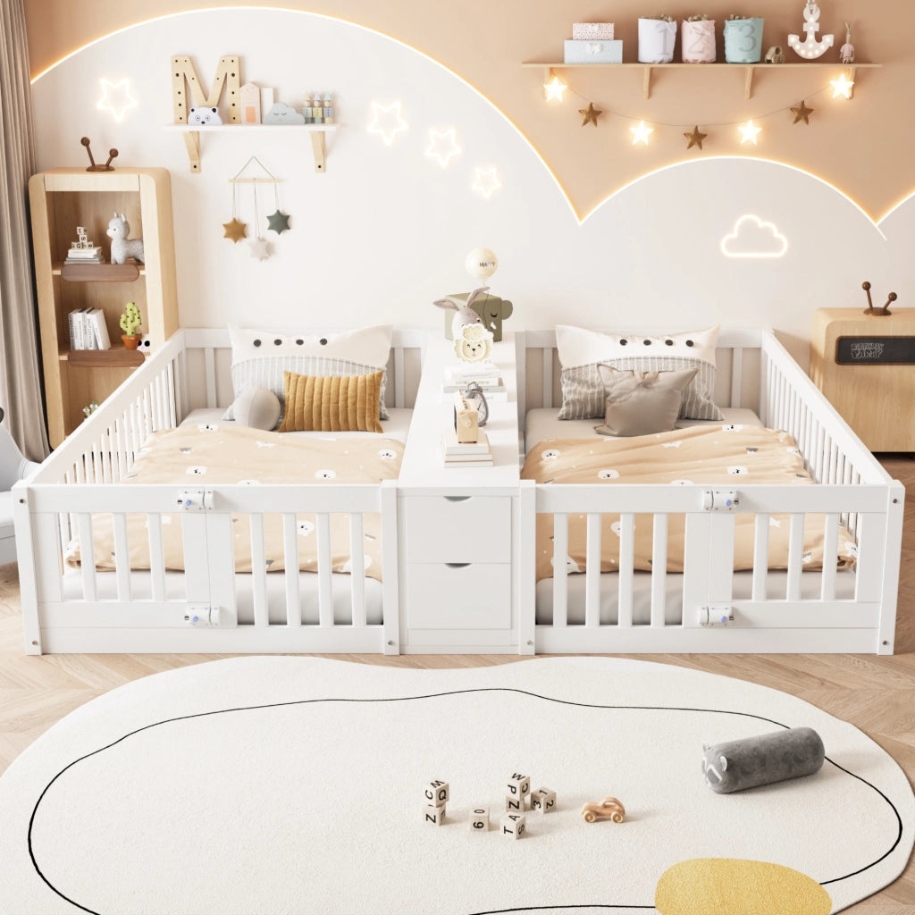Letto doppio in legno 90x200 cm con scaffale e 2 cassetti; bianco