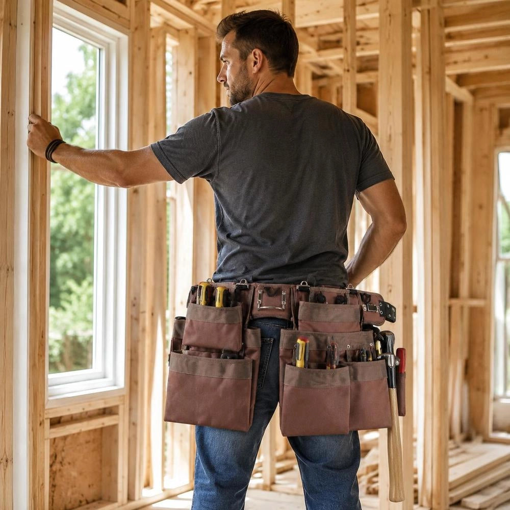 Tool Belt With 19 Pockets, Adjustable From 81.2 To 137.2 Cm, Robust Polyester Tool Bag, Detachable Tool Pouch For Electricians, Carpenters, DIY Enthusiasts, Woodworkers, Construction Workers, Brown