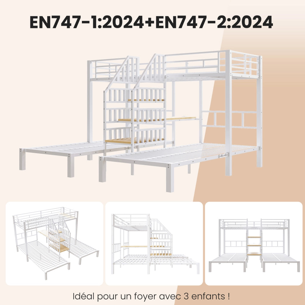 Letto a castello triplo 90 × 200 cm con LED, scala contenitore, scrivania e prese USB