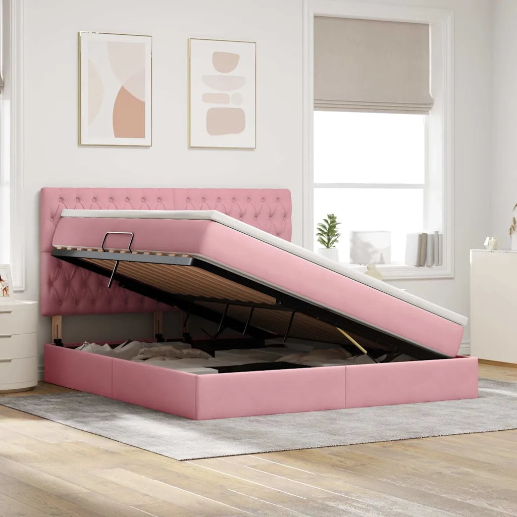 Letto con contenitore e LED con led Rosa 160 x 200 cm Velluto