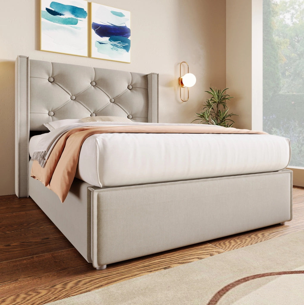 Letto singolo imbottito 90x200 cm con contenitore e rete sollevabile, grigio chiaro